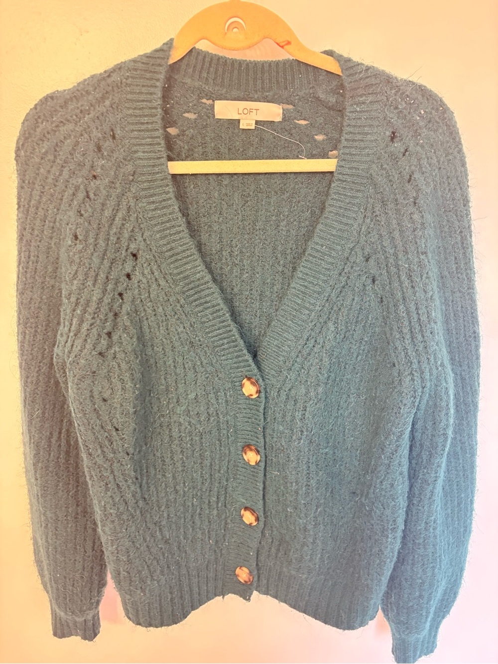 LOFT Teal Cable-Knit V-Neck Button Cardigan